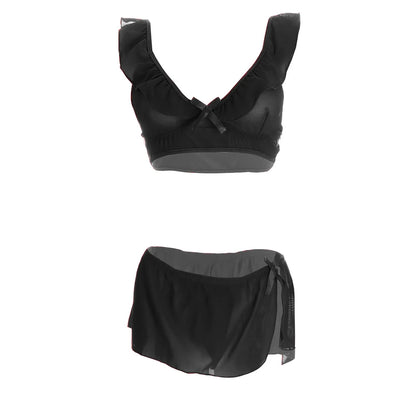 Women’s Sheer Ruffled Mesh Bralette & Front-Tie Panty Set – Elegant Two-Piece Lingerie Ensemble with Decorative Ribbon Bows