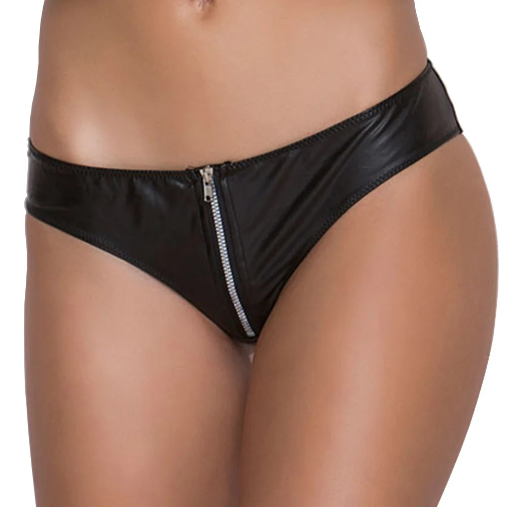 Women’s Leather Look Zipper Bikini Panty – Sleek Stretch Sexy Lingerie Bottomwear