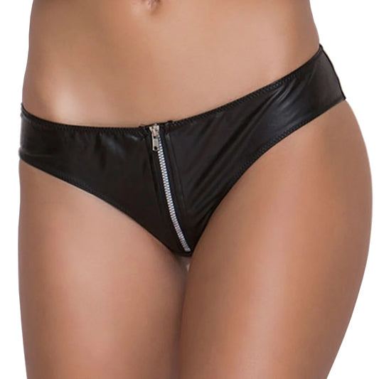 Women’s Leather Look Zipper Bikini Panty – Sleek Stretch Sexy Lingerie Bottomwear
