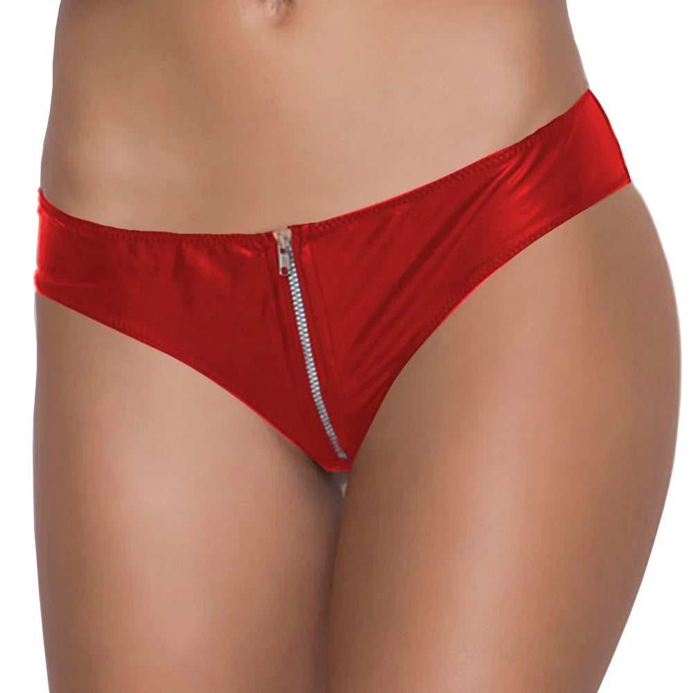 Women’s Leather Look Zipper Bikini Panty – Sleek Stretch Sexy Lingerie Bottomwear