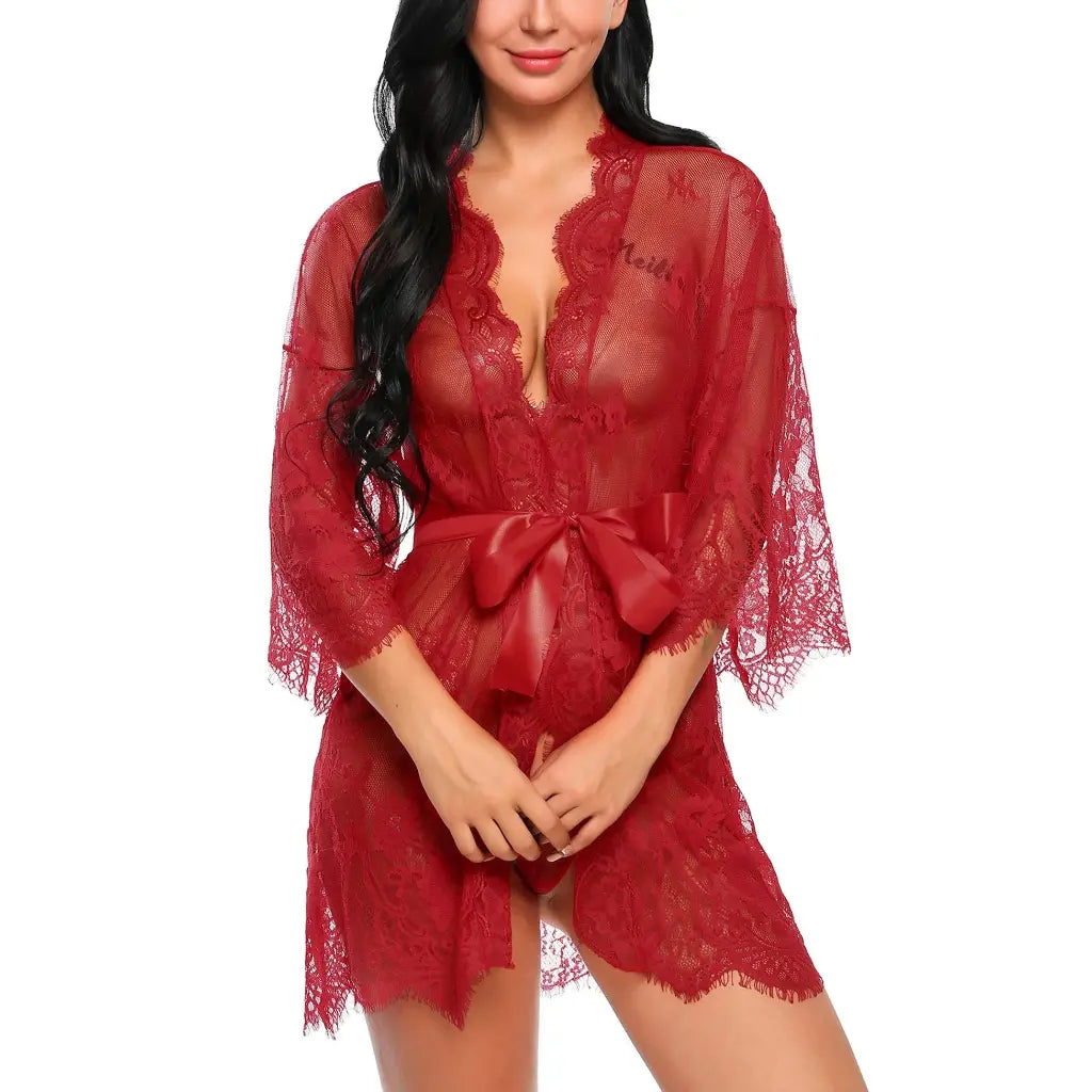 Elegant women's sheer lace robe featuring floral embroidery, eyelash lace trim on sleeves, and a satin bow closure at the waist.