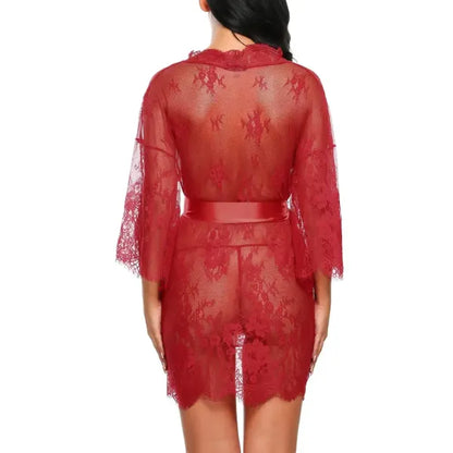 Elegant women's sheer lace robe featuring floral embroidery, eyelash lace trim on sleeves, and a satin bow closure at the waist.
