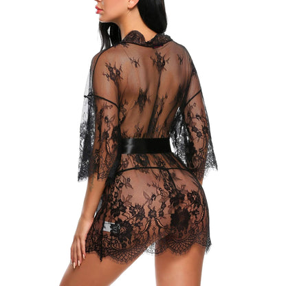  Elegant women's sheer lace robe featuring floral embroidery, eyelash lace trim on sleeves, and a satin bow closure at the waist.