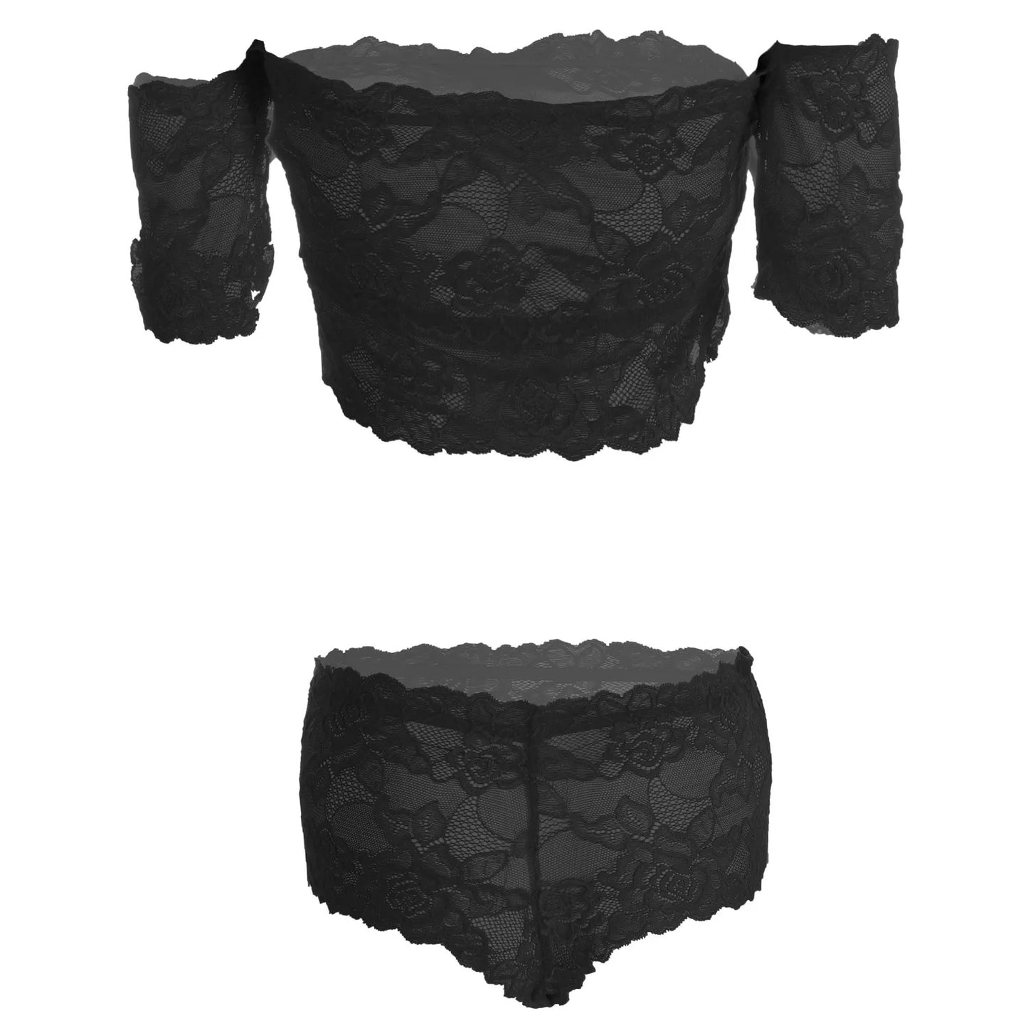Women’s Floral Lace Off-Shoulder Crop Top & Matching Panty Set – Elegant Two-Piece Lingerie Ensemble with Modern Bardot Neckline