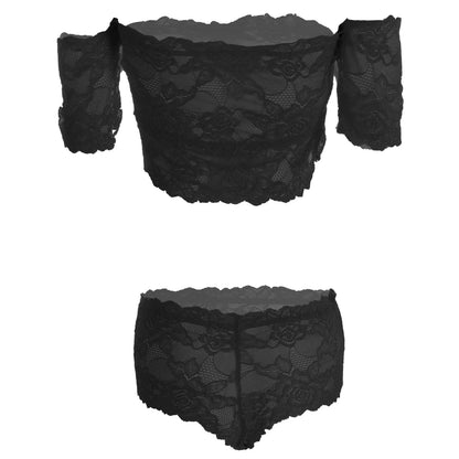 Women’s Floral Lace Off-Shoulder Crop Top & Matching Panty Set – Elegant Two-Piece Lingerie Ensemble with Modern Bardot Neckline
