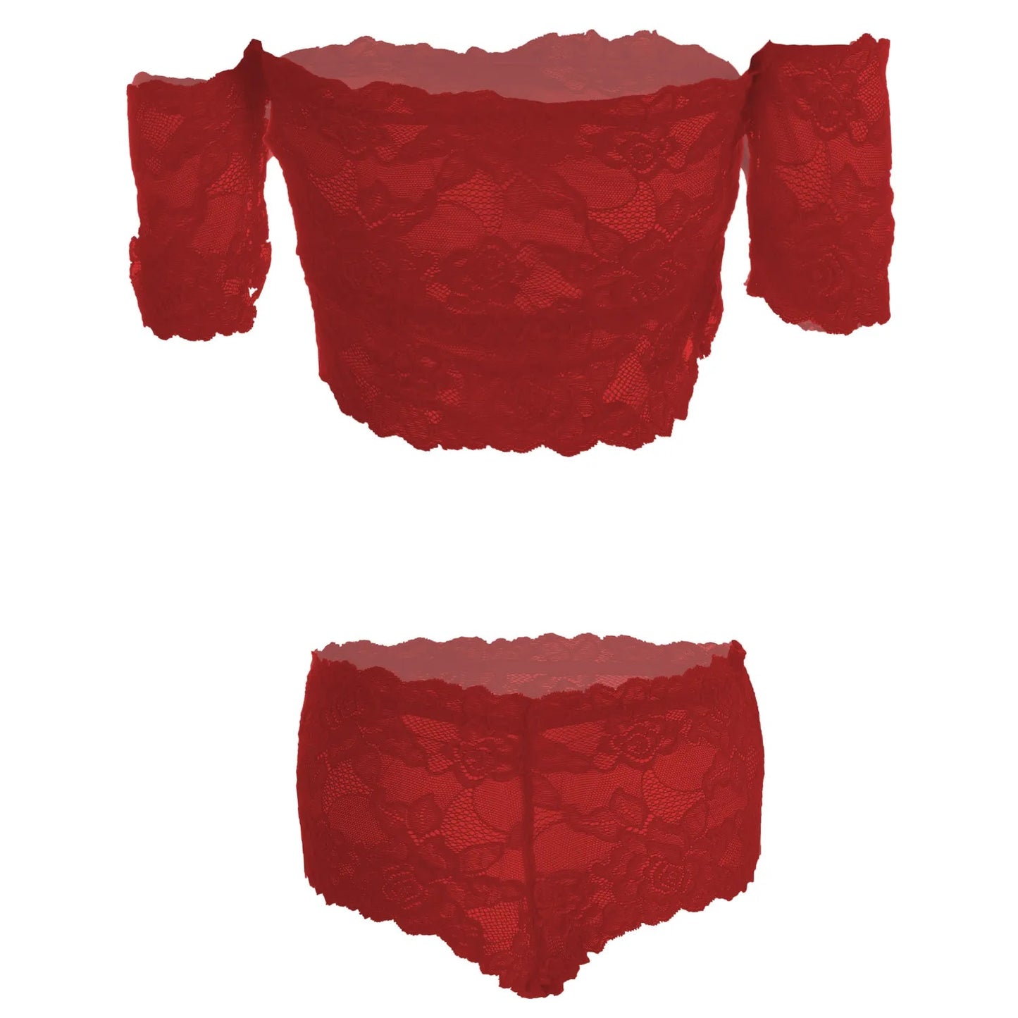 Women’s Floral Lace Off-Shoulder Crop Top & Matching Panty Set – Elegant Two-Piece Lingerie Ensemble with Modern Bardot Neckline