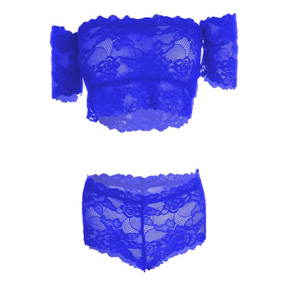 Women’s Floral Lace Off-Shoulder Crop Top & Matching Panty Set – Elegant Two-Piece Lingerie Ensemble with Modern Bardot Neckline