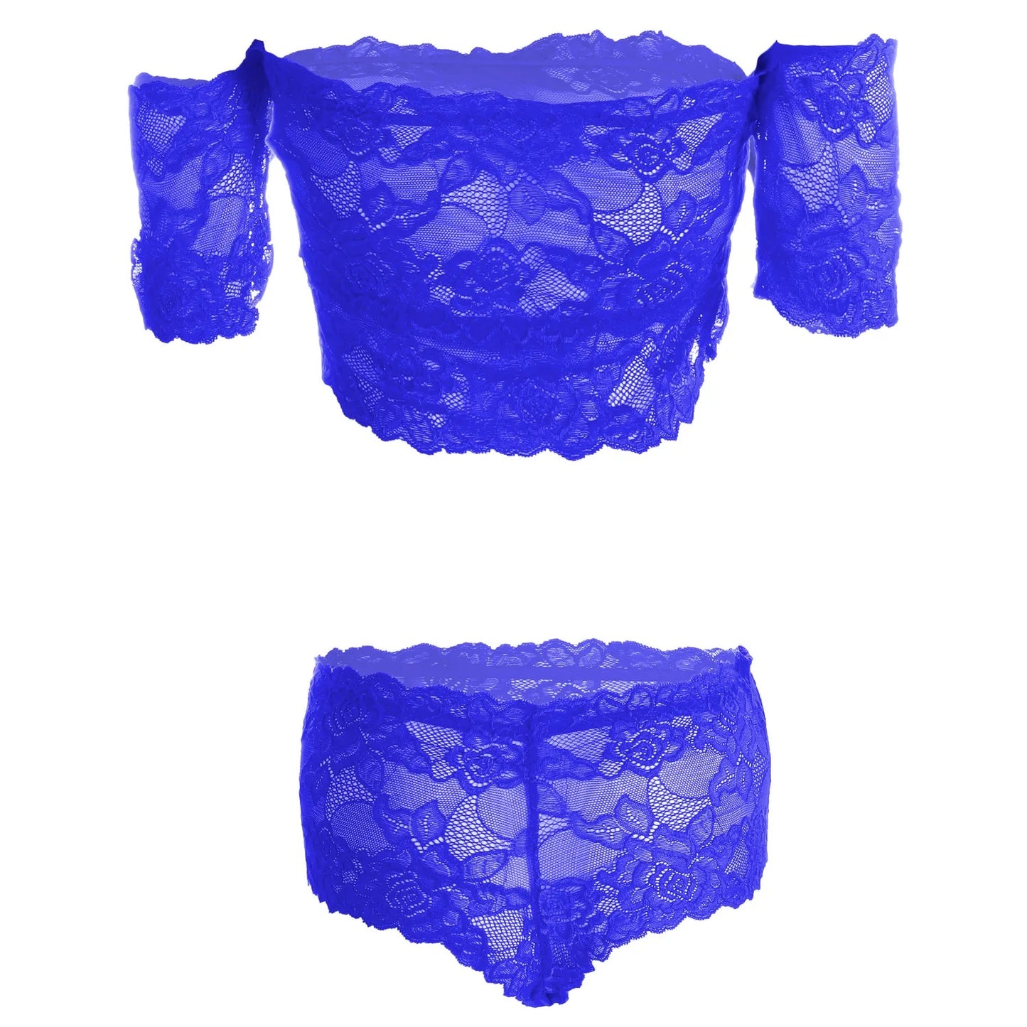 Women’s Floral Lace Off-Shoulder Crop Top & Matching Panty Set – Elegant Two-Piece Lingerie Ensemble with Modern Bardot Neckline