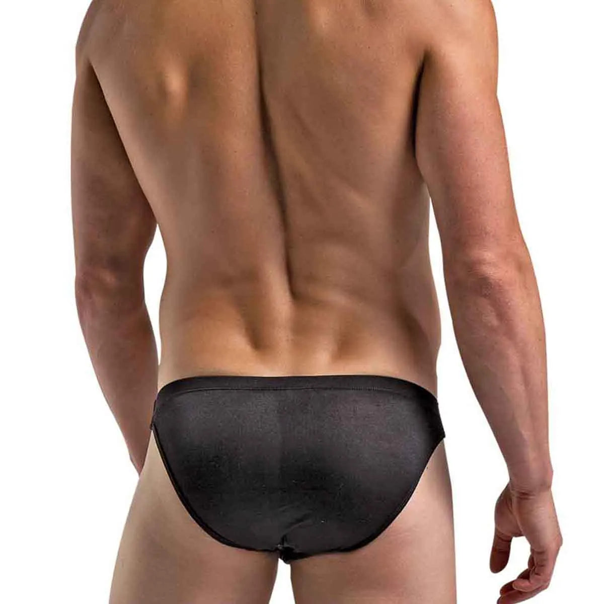  Model demonstrating the quick-release side-clip feature on premium men's black low-rise bikini briefs with a supportive contoured pouch.