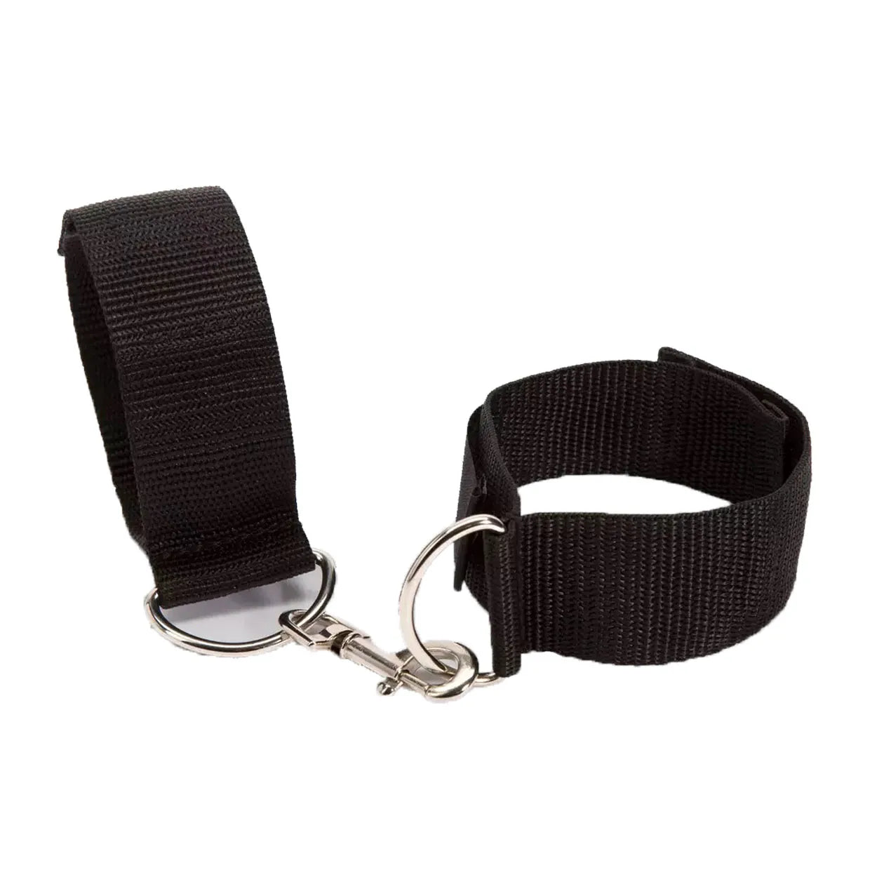 Adjustable black ankle cuffs with soft padding and metal lock connector between the cuffs.