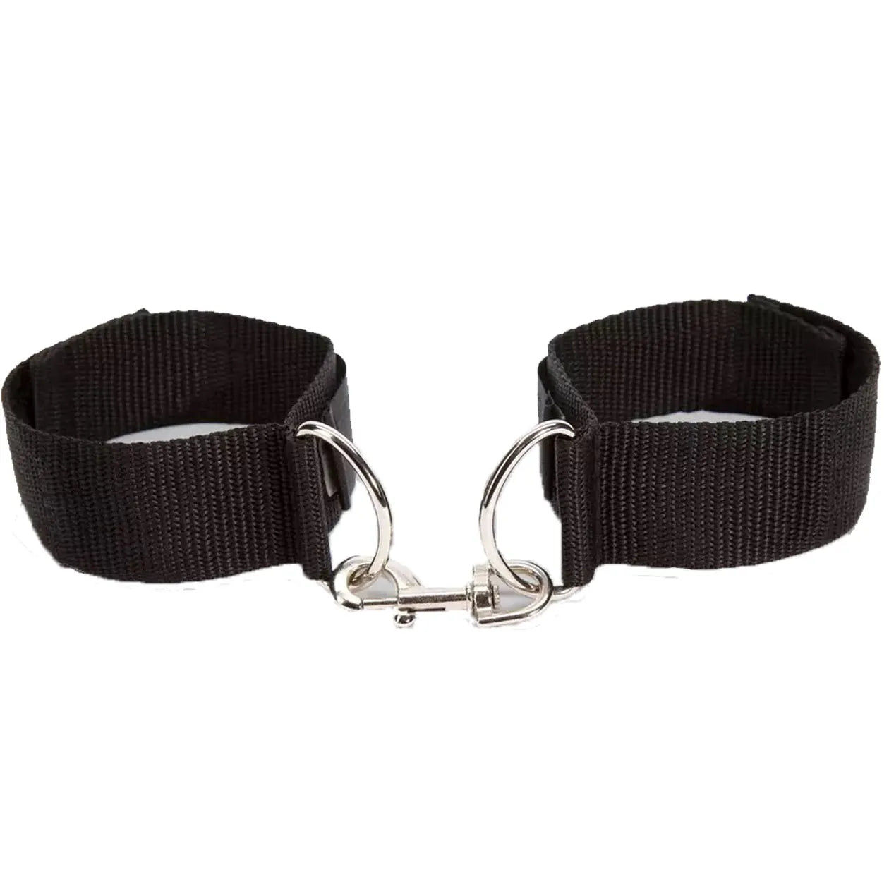 Adjustable black ankle cuffs with soft padding and metal lock connector between the cuffs.