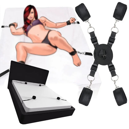 Black adjustable bed restraint kit with under-mattress anchor system and four padded restraint cuffs.