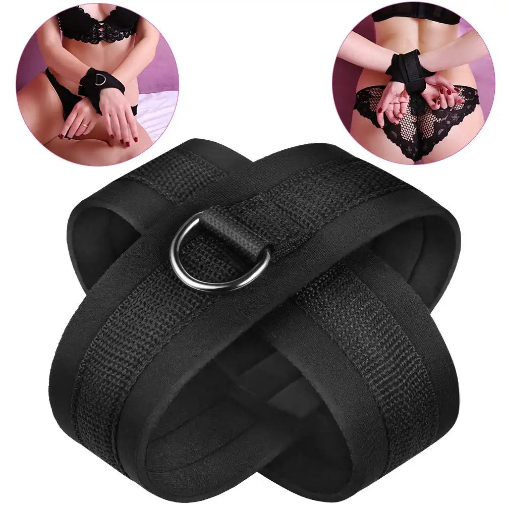 Adjustable double wrist restraint cuffs connected with a metal D-ring and soft padded lining