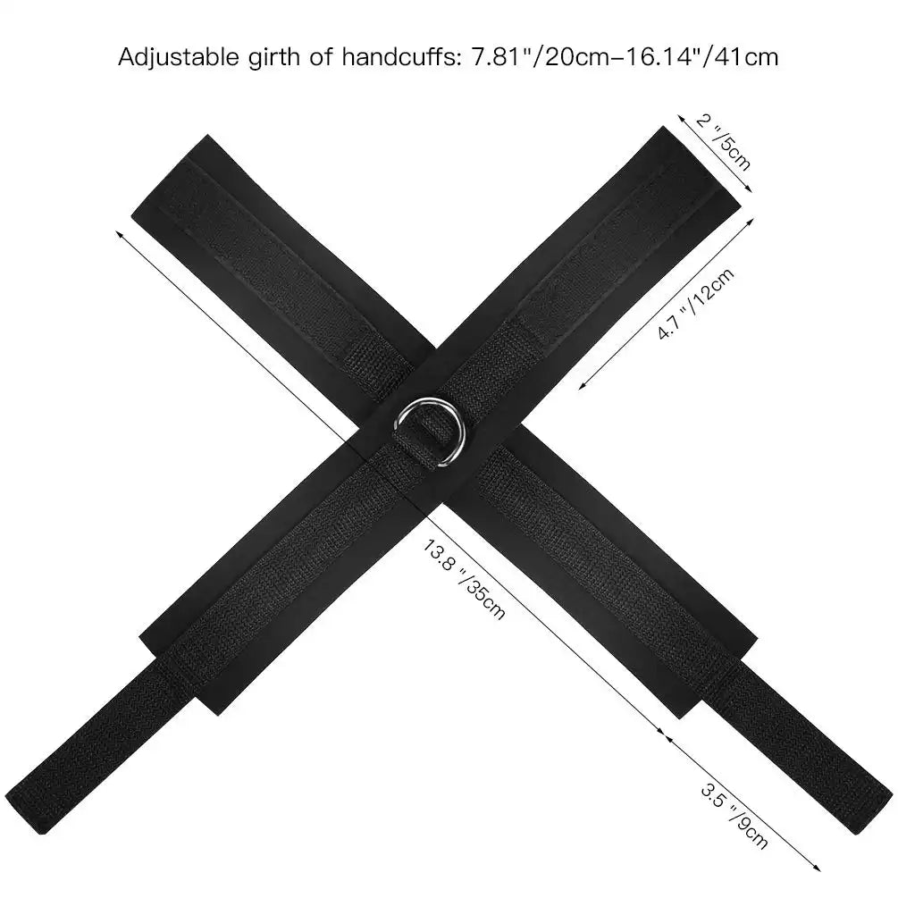 Adjustable double wrist restraint cuffs connected with a metal D-ring and soft padded lining
