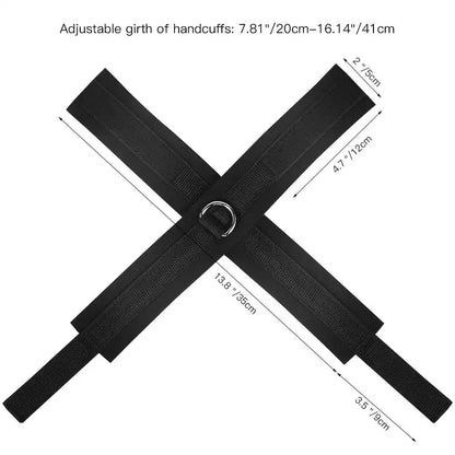 Adjustable double wrist restraint cuffs connected with a metal D-ring and soft padded lining