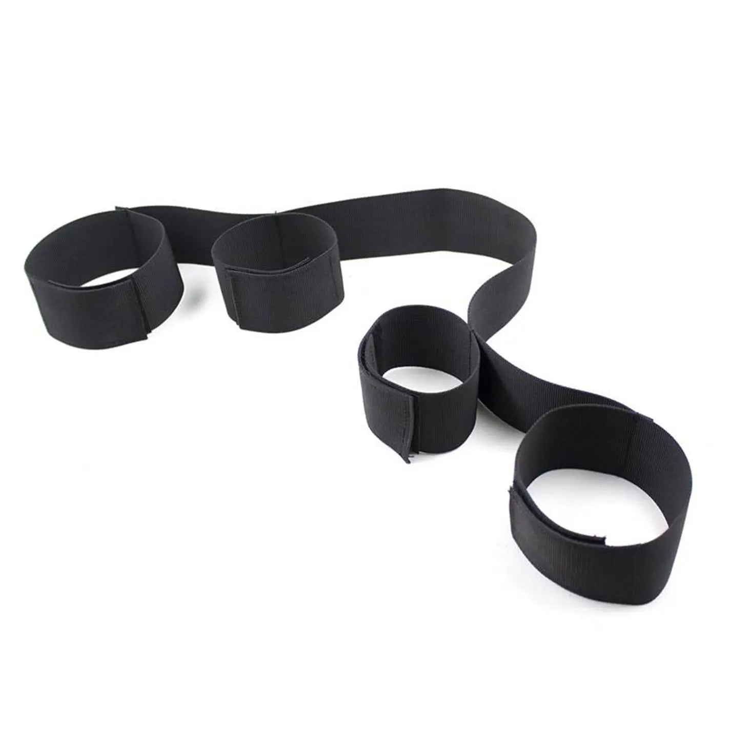 Adjustable black spreader bar restraint kit with wrist cuffs and ankle cuffs connected by secure straps.