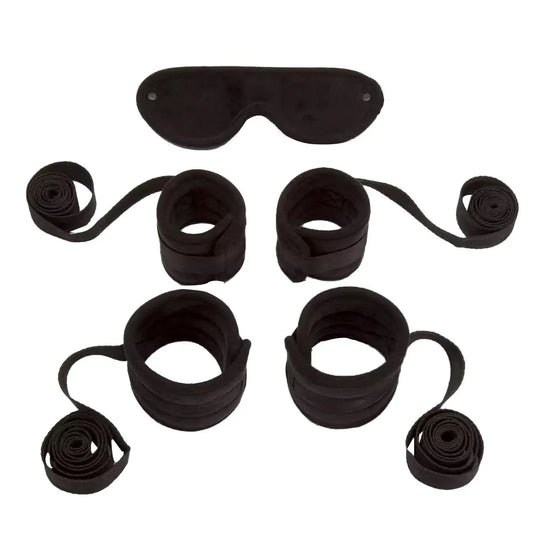 Adjustable under-bed restraint kit with padded wrist cuffs, ankle cuffs, connecting straps, and matching blindfold.