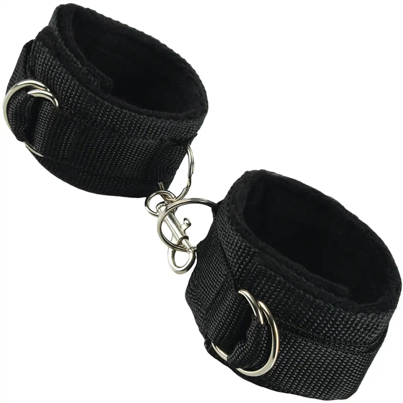Pair of adjustable padded wrist restraint cuffs connected with a metal lock connector.
