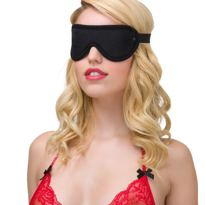 Black adjustable blindfold eye mask with soft padding and elastic strap.