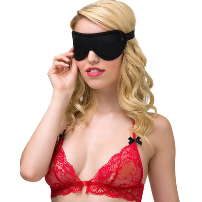 Black adjustable blindfold eye mask with soft padding and elastic strap.