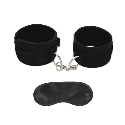 Black adjustable wrist handcuffs with metal lock connector and matching blindfold roleplay set.