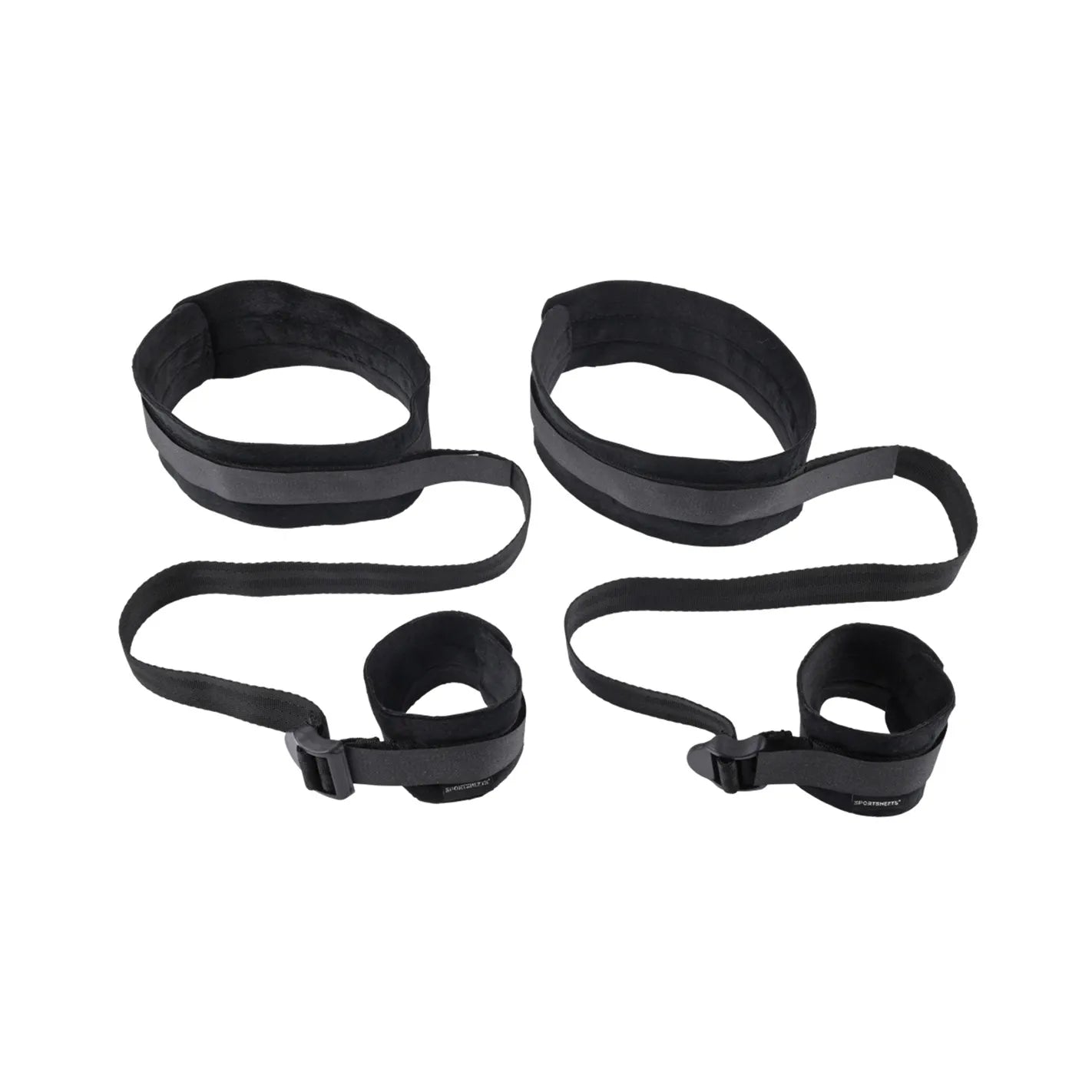 Adjustable black wrist and thigh restraint set with padded cuffs and connecting straps.