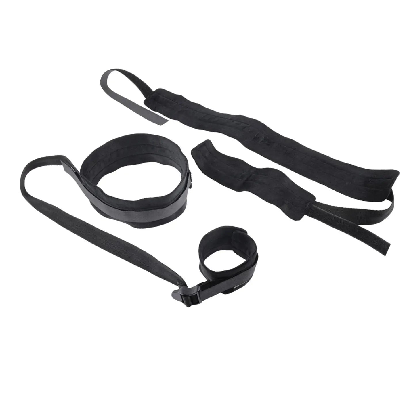Adjustable black wrist and thigh restraint set with padded cuffs and connecting straps.