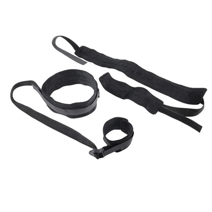 Adjustable black wrist and thigh restraint set with padded cuffs and connecting straps.