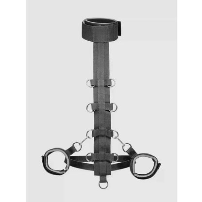 Black neck-to-waist restraint harness with adjustable collar, waist belt, padded wrist cuffs, and metal attachment rings