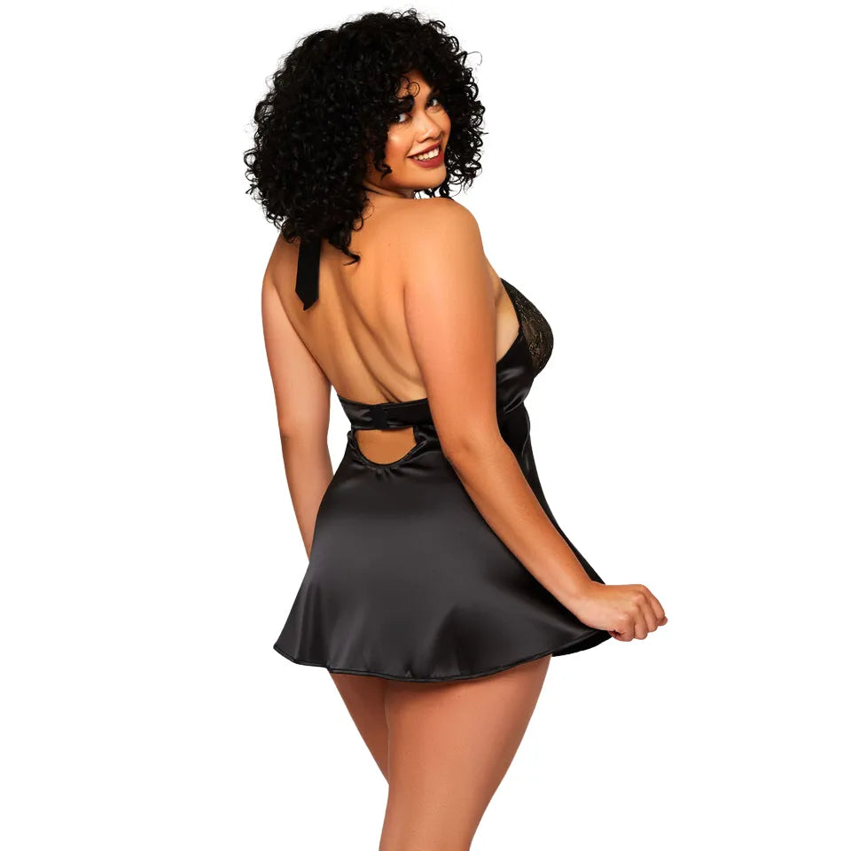 woman wearing black satin lace babydoll nightdress with floral lace cups and flowy silhouette
