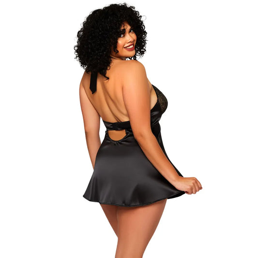 woman wearing black satin lace babydoll nightdress with floral lace cups and flowy silhouette
