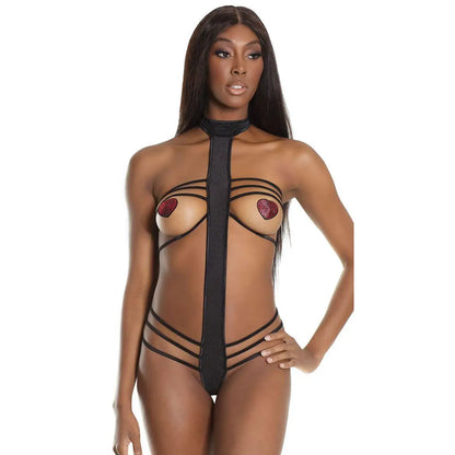 woman wearing black strappy open cup bodysuit lingerie with harness inspired body contour design