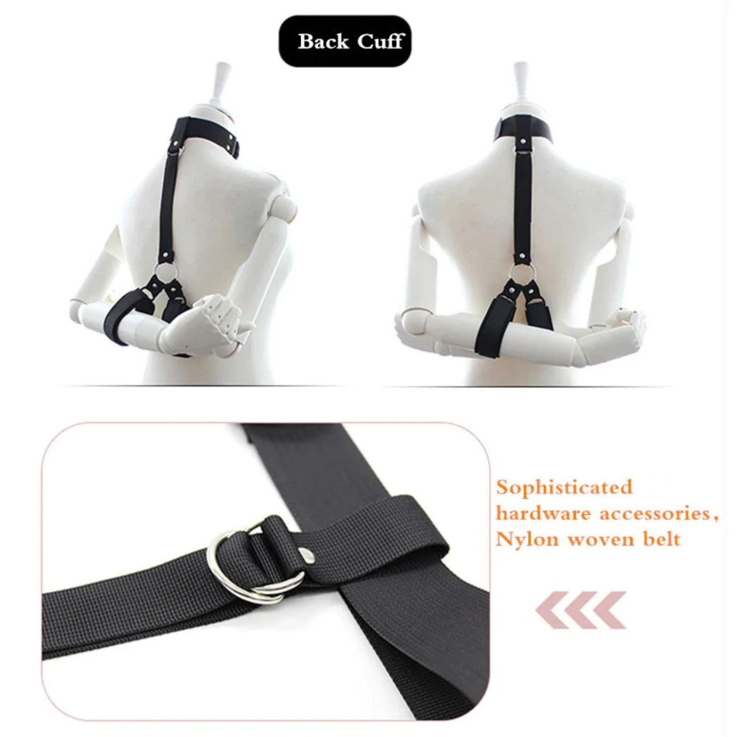 Black collar connected to adjustable wrist cuffs with a chest restraint harness.

