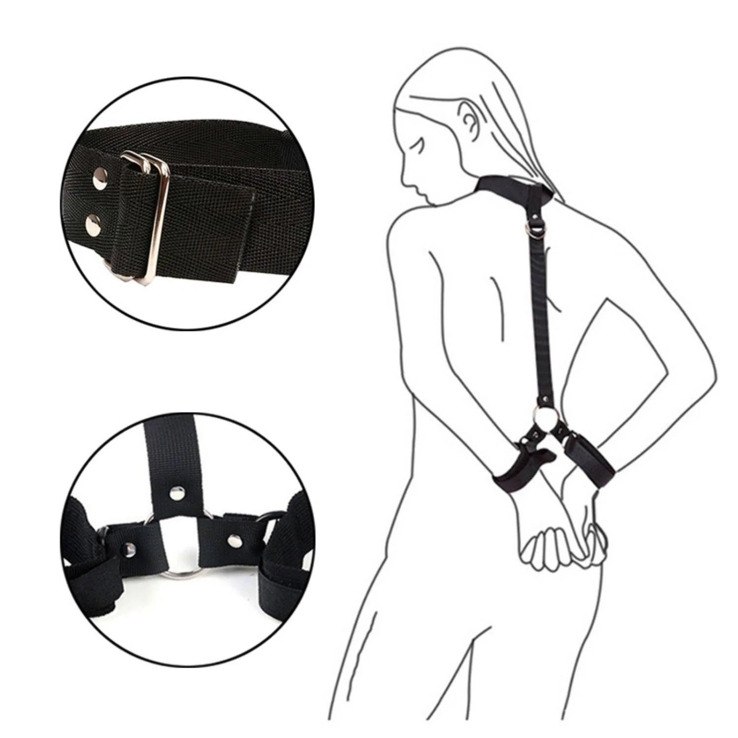 Black collar connected to adjustable wrist cuffs with a chest restraint harness.
