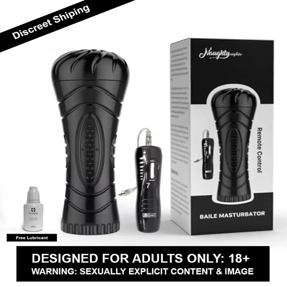 Black cup shape male vibrating relax massager with textured interior and control unit.