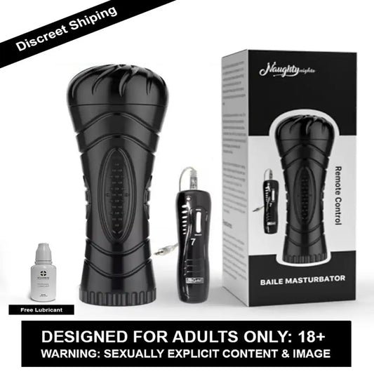 Black cup shape male vibrating relax massager with textured interior and control unit.