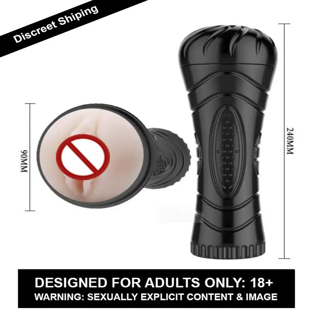 Black cup shape male vibrating relax massager with textured interior and control unit.