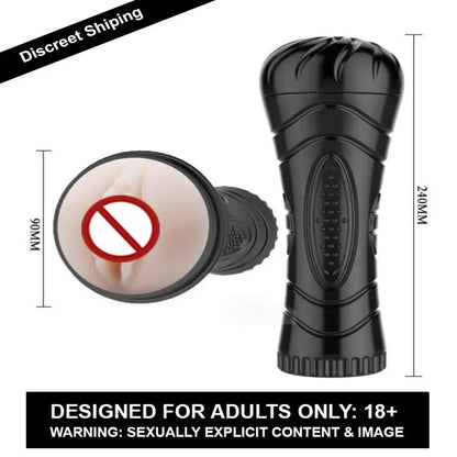 Black cup shape male vibrating relax massager with textured interior and control unit.