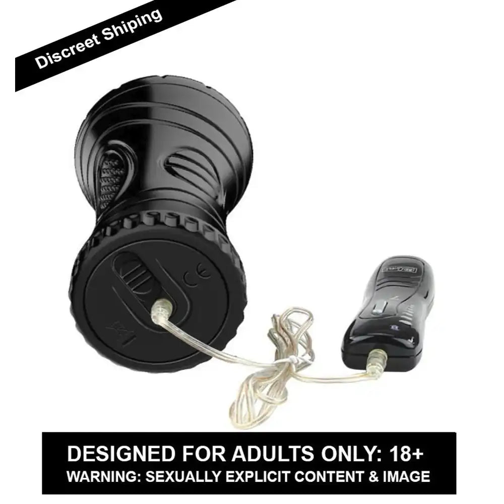 Black cup shape male vibrating relax massager with textured interior and control unit.