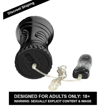 Black cup shape male vibrating relax massager with textured interior and control unit.
