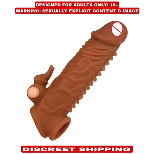 Dual-function vibrating silicone sleeve with textured interior and ergonomic flexible design.