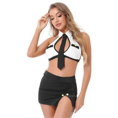 woman wearing black and white executive fantasy officewear lingerie set with mini skirt and tie detail