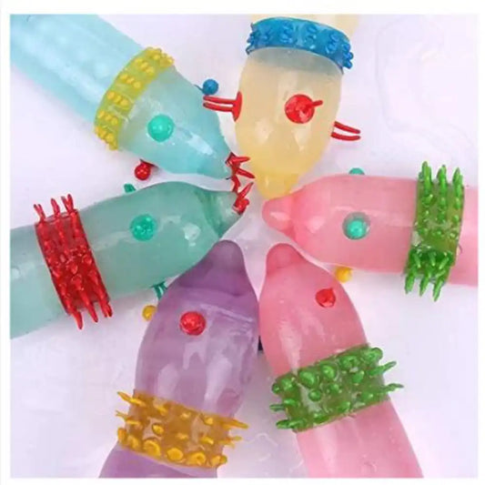 Assorted extra dotted ribbed climax control condoms for men in a pack of 6.

