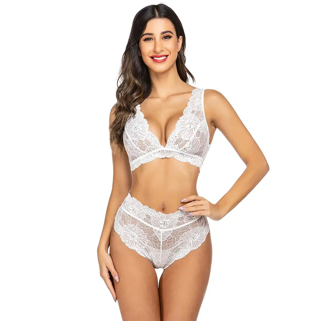 women's black two-piece lingerie set featuring a floral eyelash lace bralette and matching high-waist lace panties.