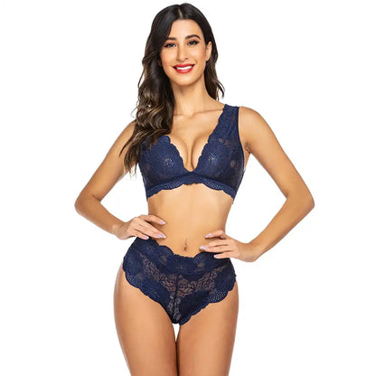 women's black two-piece lingerie set featuring a floral eyelash lace bralette and matching high-waist lace panties.