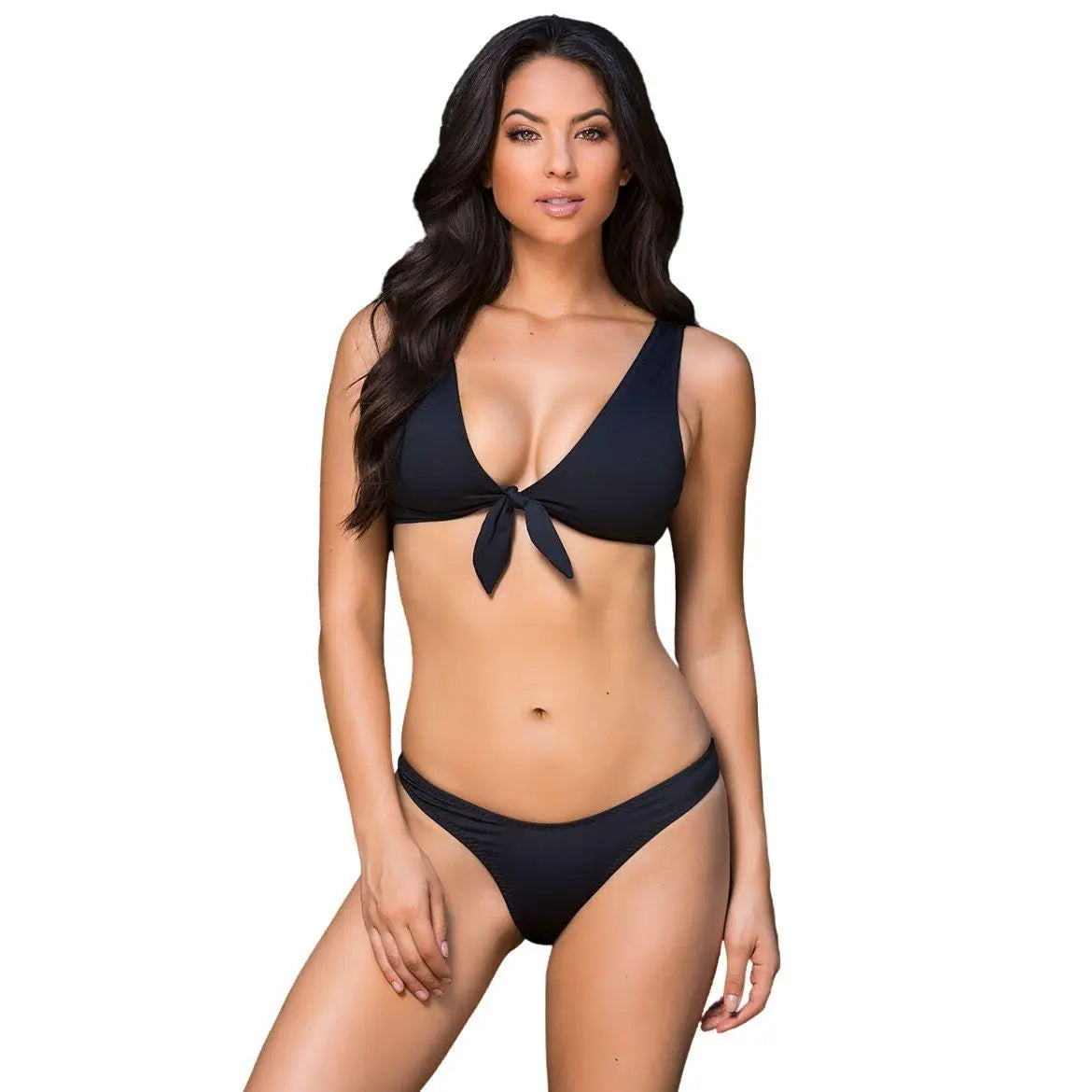 woman wearing black front tie minimal bikini lingerie set with matching low rise bottoms