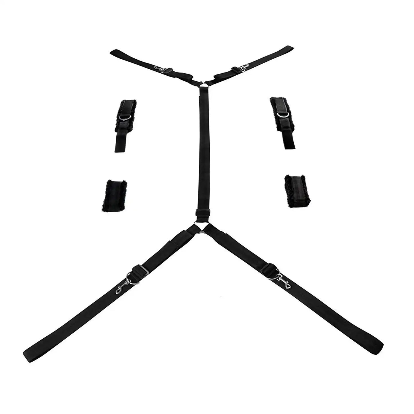 Full bed restraint system with adjustable wrist cuffs, ankle cuffs, and connecting straps.