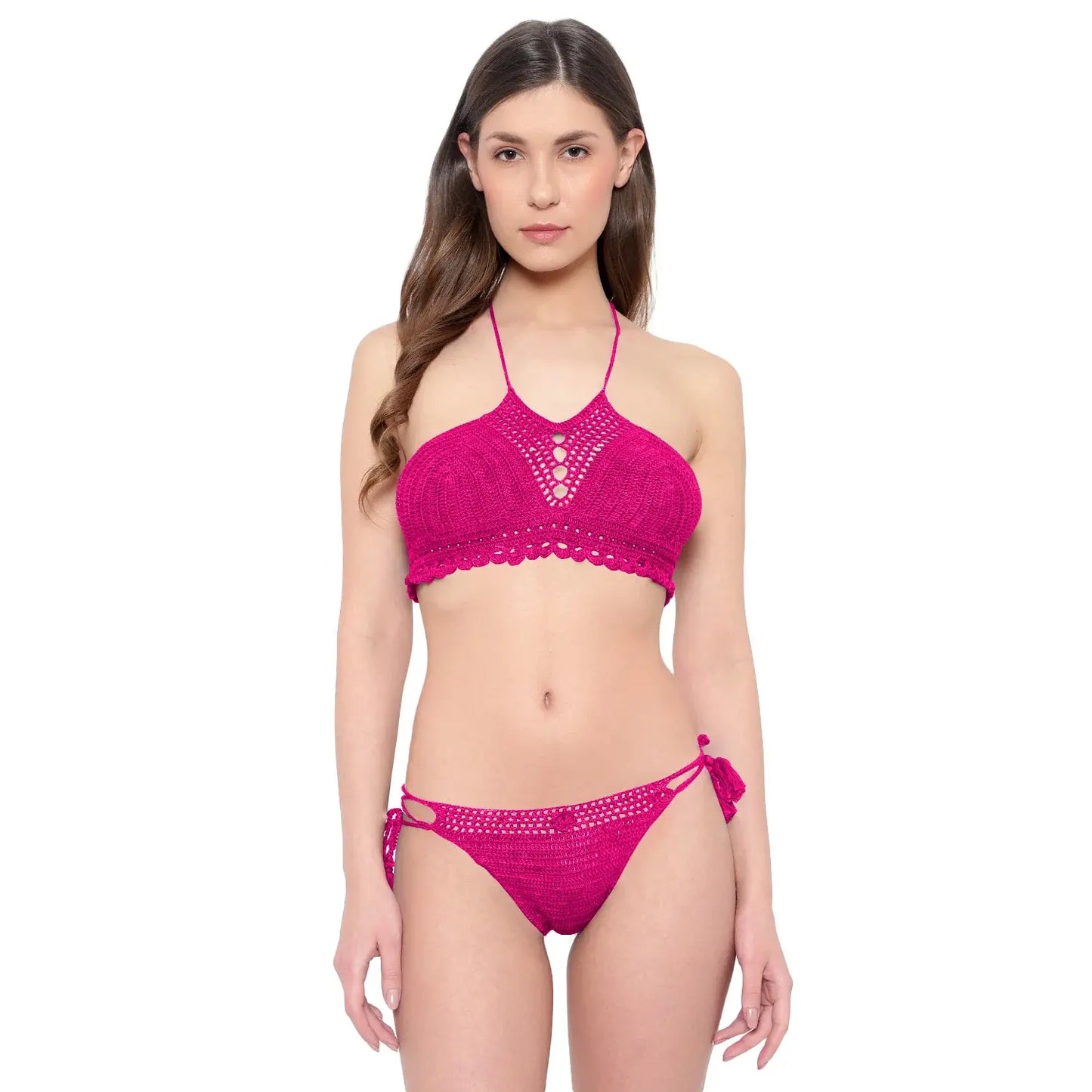 Handmade crochet halter bikini set with tie side beachwear styling.