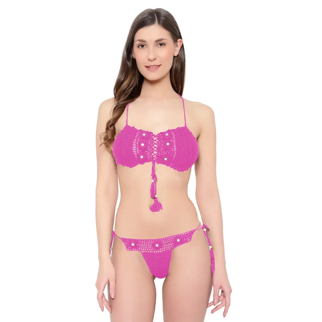 Handmade crochet lace-up bikini set with tie side boho beachwear styling.