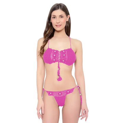 Handmade crochet lace-up bikini set with tie side boho beachwear styling.